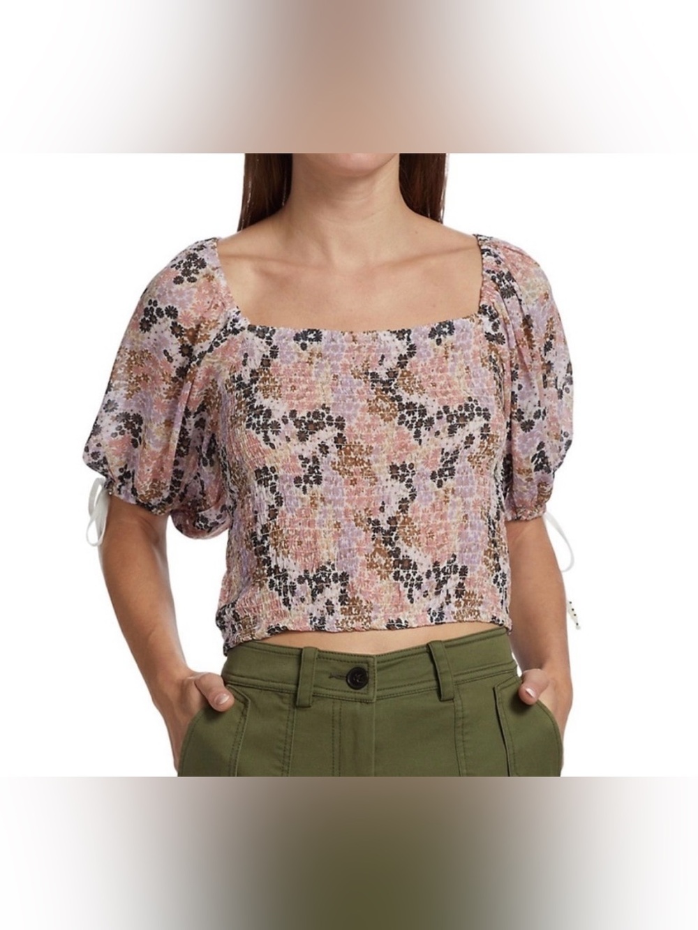 Free People Pink Multi Floral Smocked Square-Neck Crop Top